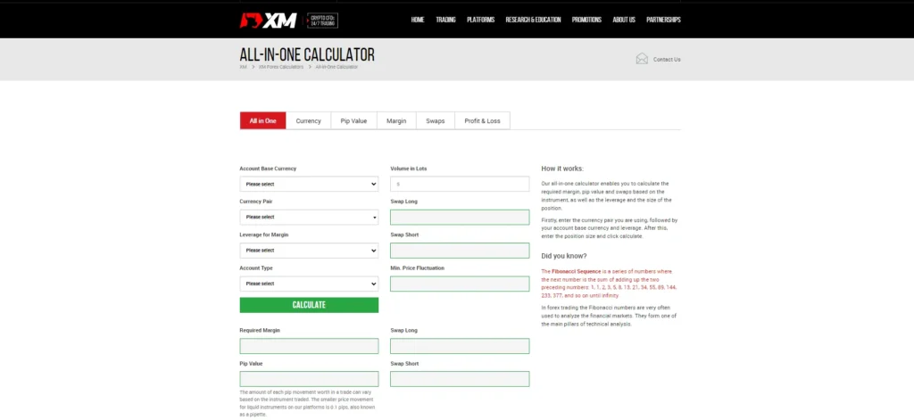 Halaman kalkulator broker XM untuk menggunakan manfaat leverage dalam trading forex.