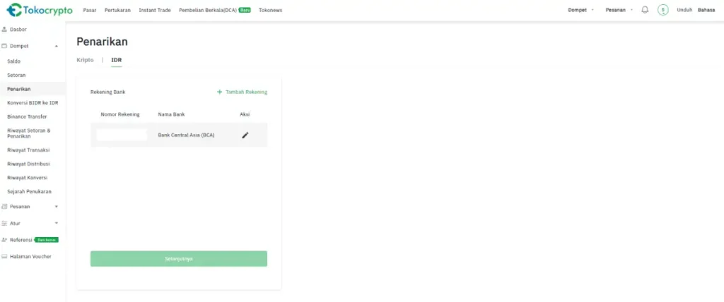 Cara menarik uang di TokoCrypto melalui rekening bank lokal mudah dengan melalui halaman penarikan di TokoCrypto