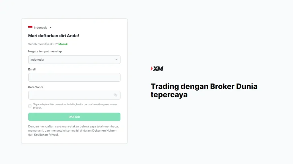 Halaman pertama untuk pendaftaran di broker XM
