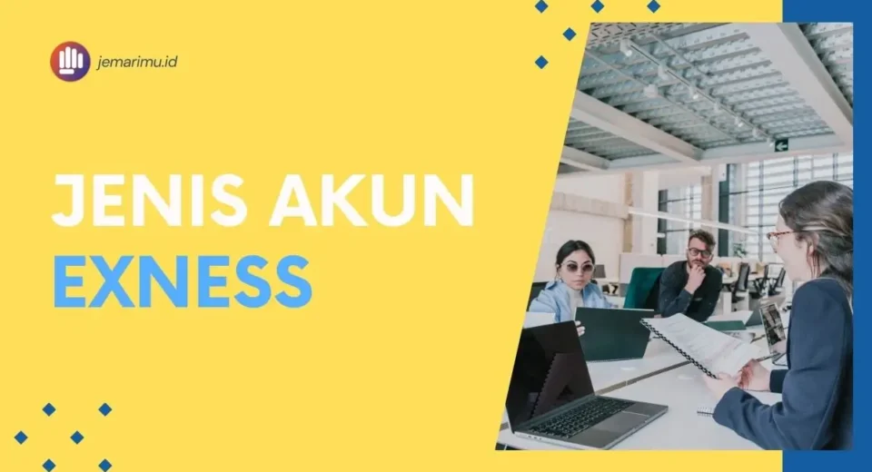 Ilustrasi lima jenis akun di broker Exness: Standar, Standar Cent, Pro, Zero, dan Raw Spread, lengkap dengan fitur dan spesifikasinya.